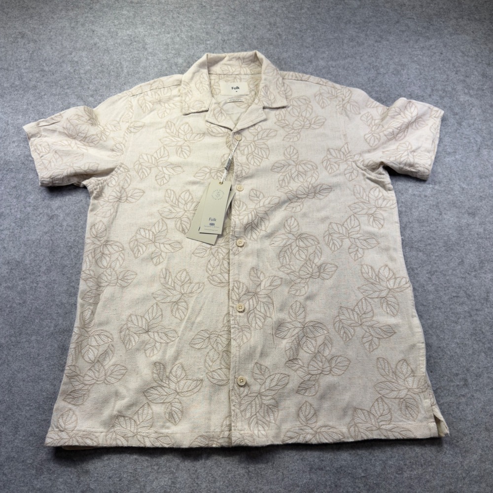 Folk Short Sleeve Shirt Men  M Stone Linen Blend Embroidered Leaf Camp Collar
